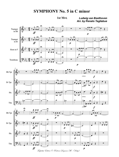 SYMPHONY No. 5 - 1st Mvt. - Arr. for Brass quartet - With Parts (Arr. Renato Tagliabue) (Brass Ensemble)