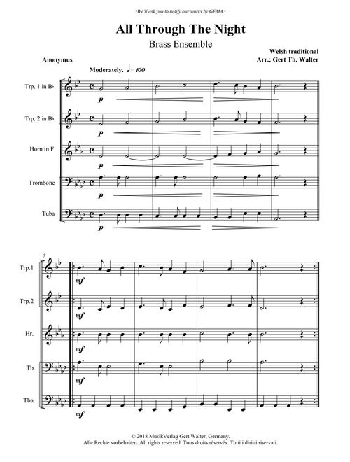 All Through The Night (Arr. Gert Th. Walter) - Welsh Traditional (Brass Ensemble)