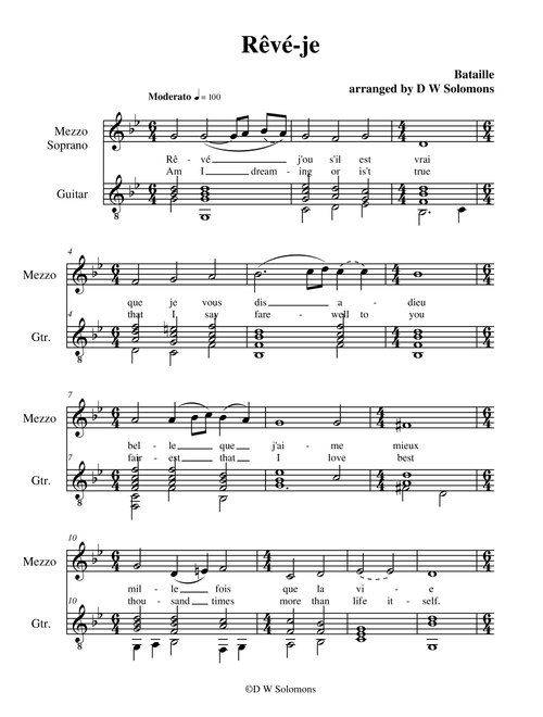 Rêvé-je (Am I dreaming) for mezzo soprano voice and guitar (Arr. David Warin Solomons) - Gabriel Bataille (Instrumental Duet)