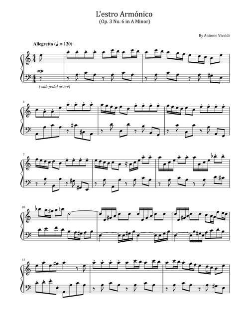 Vivaldi - L'Estro Armonico - (RV 356 Op.3 No.6 in A Minor) - For Piano Solo (Arr. poon) - Antonio Vivaldi (Piano Solo)