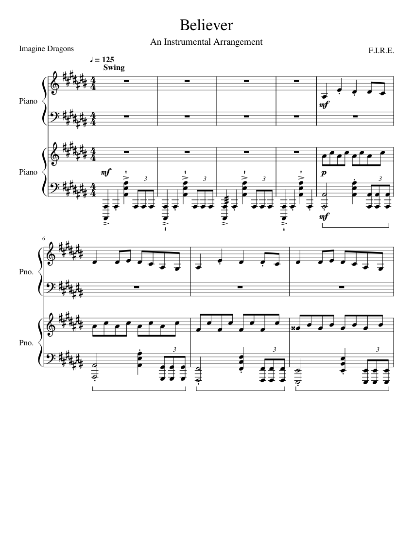 #50 – Imagine Dragons – Believer Sheet Music for Piano (Piano Duo ...