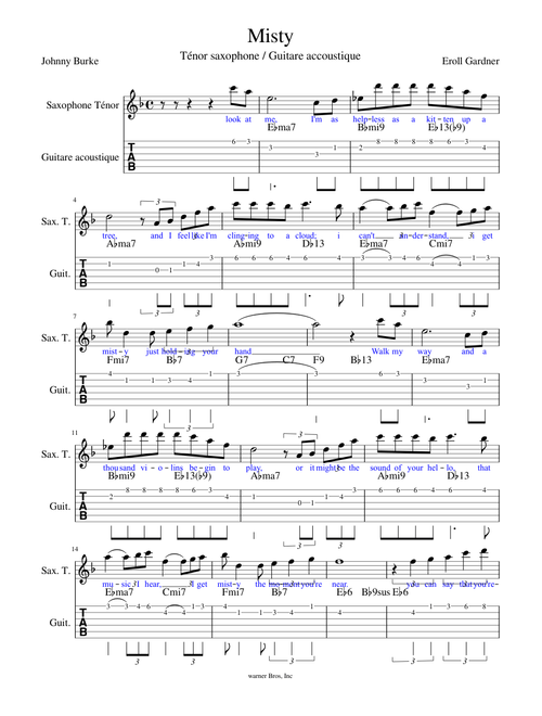 Misty pour sax Ténor et guitare "Tab"