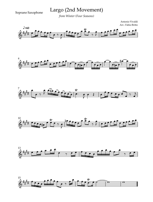 Largo from Winter (Antonio Vivaldi) for Soprano Saxophone Solo (Arr. Fabio Britto) (Soprano Sax Solo)
