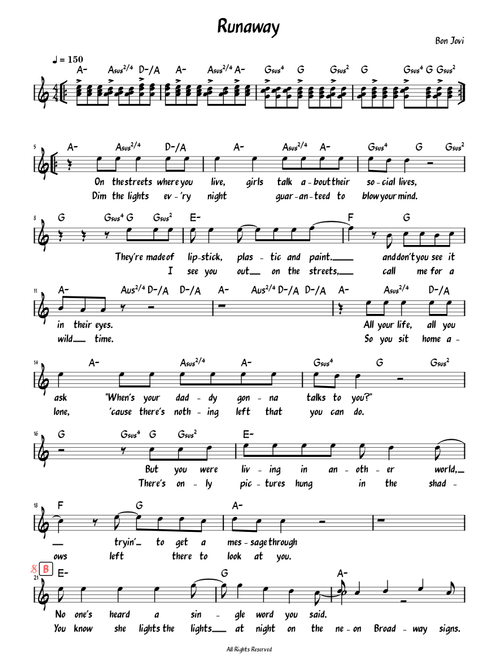 Runaway – Bon Jovi (Lead sheet with lyrics and accompaniment)