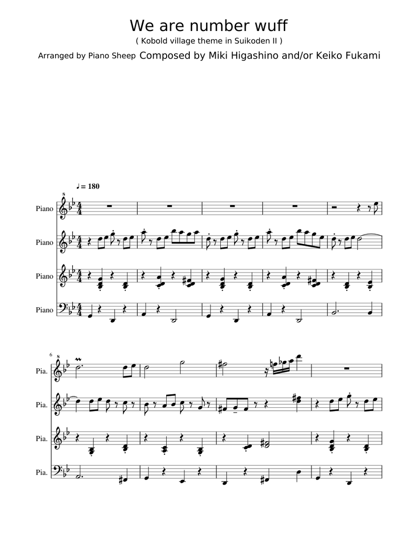 Suikoden 2, We are number wuff, Piano 4 hands Sheet Music for
