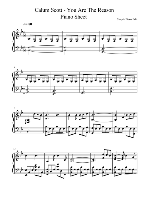 Calum Scott -  You Are The Reason (Piano Sheet+lyrics)[lyrics version link in description]