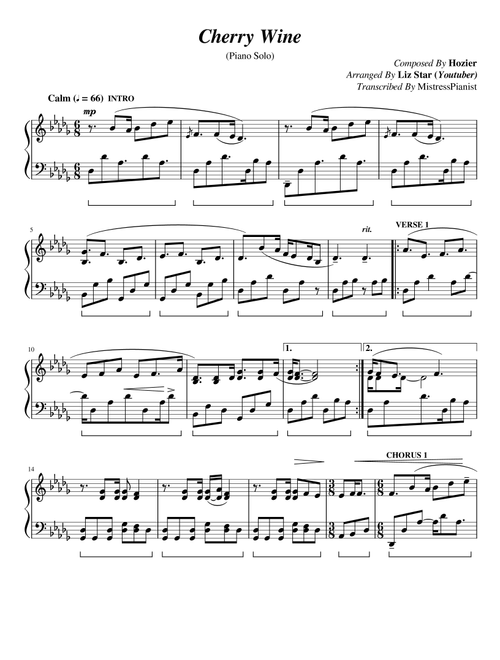 Cherry Wine (Arr. Arranged By "LizStar" Transcribed by MistressPianist) - Hozier (Piano Solo)