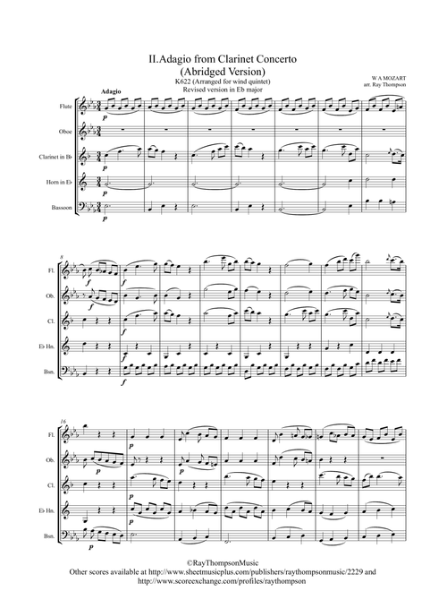 Mozart: Clarinet Concerto K622 Mvt.II Adagio (abridged version in Eb) - wind quintet (clarinet solo) (Arr. Ray Thompson) - Wolfgang Amadeus Mozart (Woodwind Ensemble)