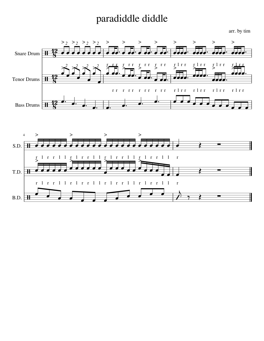 paradiddle diddle Sheet Music with Chords for Snare drum, Tenor drum ...