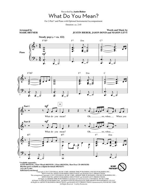 What Do You Mean? (Arr. Mark Brymer) - Justin Bieber (Choral, 2-Part)