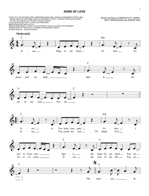 Song Of Love - Rebecca St James (Easy Lead Sheet - Fake Book)