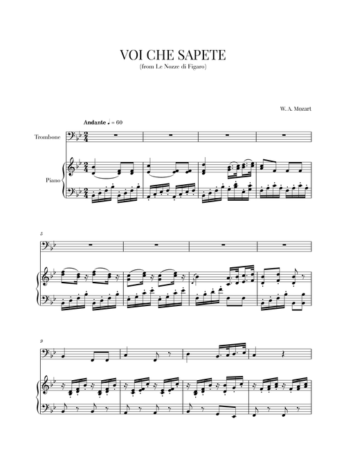 Mozart - Voi Che Sapete (for Trombone and Piano) (Arr. Cadenza Editions) - Wolfgang Amadeus Mozart (Small Ensemble)