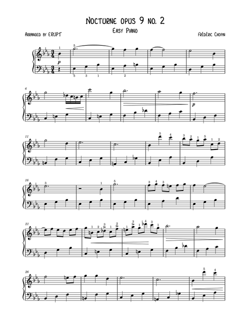Chopin – Nocturne in E‑flat Major, Op. 9 No. 2 (Easy Piano, PDF) (Arr. Erupt) - ERUPT PIANO COVERS (Piano Solo)