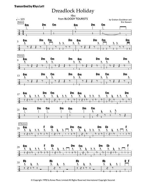 Dreadlock Holiday (Arr. Rhys Lett) - 10Cc (Bass Tab)