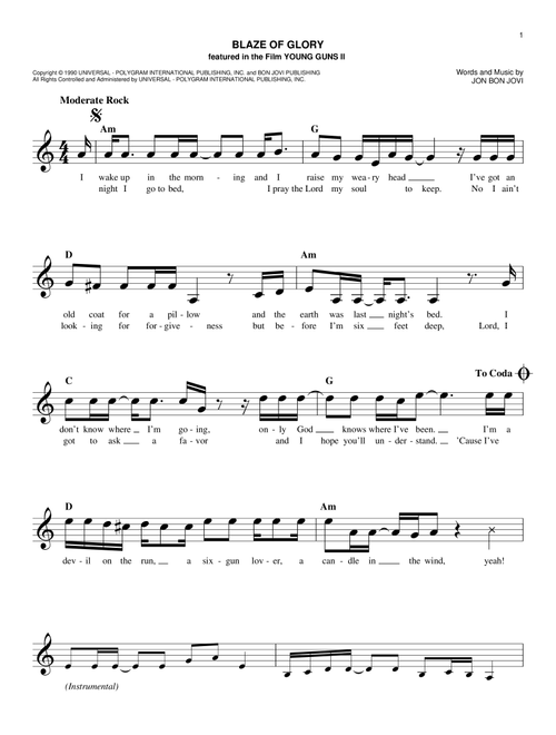Blaze Of Glory - Bon Jovi, Jon Bon Jovi (Easy Lead Sheet - Fake Book)