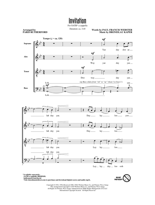 Invitation (arr. Paris Rutherford) - Paul Francis Webster and Bronislau Kaper, Bronislau Kaper, Paul Francis Webster (Choral, SATB)