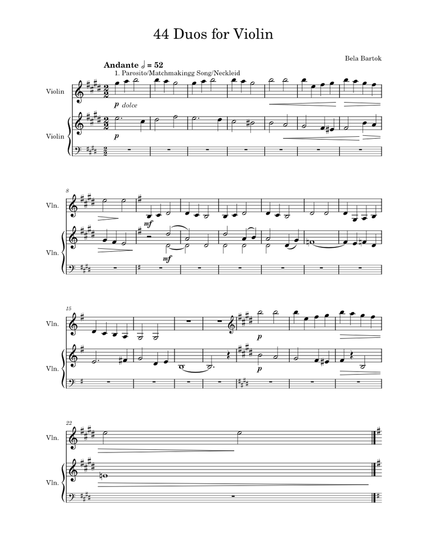 Bartok 44 Duos for 2 Violins No. 12 Hay Song YouTube