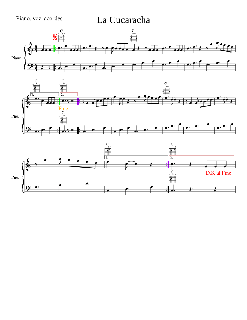 La cucarachaPiano, acordes Sheet music for Piano (Solo)