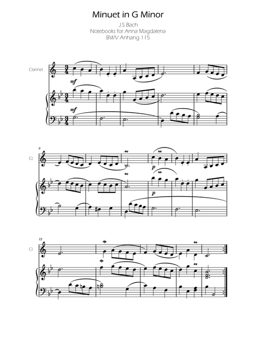 Minuet in G minor BWV Anh. 115 - Bach - Clarinet (Arr. Ygor Nunes) - Johann Sebastian Bach (Clarinet and Piano)
