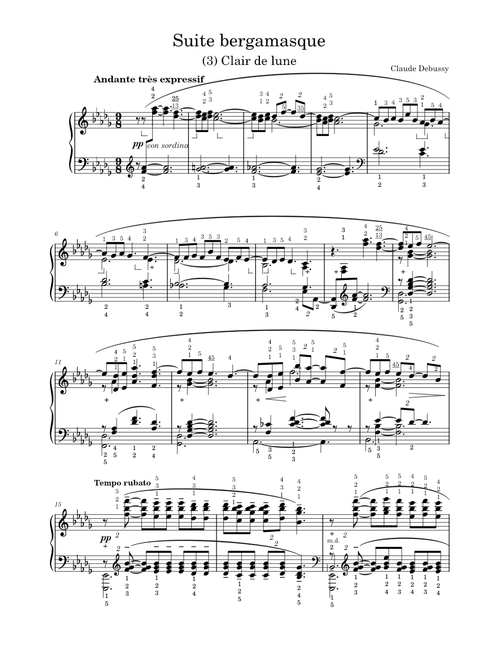 Debussy - Suite bergamasque (3) Clair de Lune [with fingering]