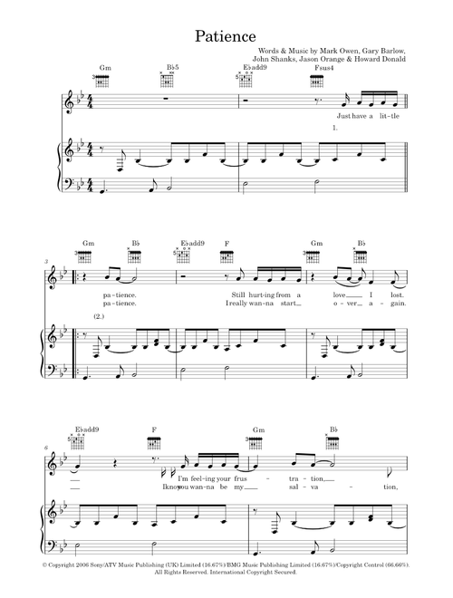 Patience - Take That (Piano-Vocal-Guitar (Piano Accompaniment))