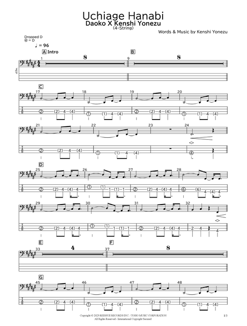 Uchiage Hanabi (Arr. bassscore.masspro) - Daoko X Kenshi Yonezu (Bass Tab)