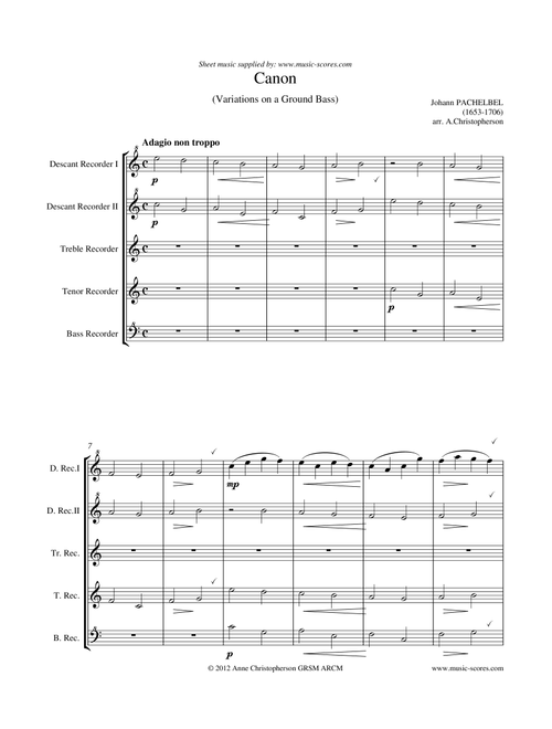 Pachelbel's Canon - Recorder Quintet - short version (Arr. Anne L Christopherson GRSM ARCM) - Pachelbel, Johann (Recorder Solo)