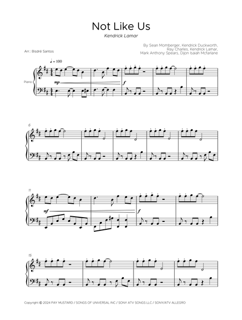 Not Like Us (Arr. Bisdre Santos) - Kendrick Lamar (Easy Piano)