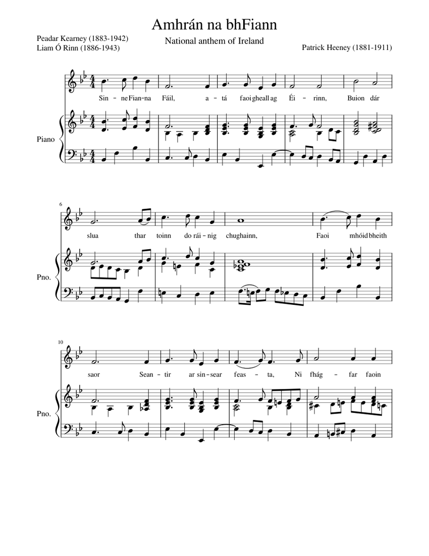National anthem of Ireland Amhrán na bhFiann Sheet music for Piano