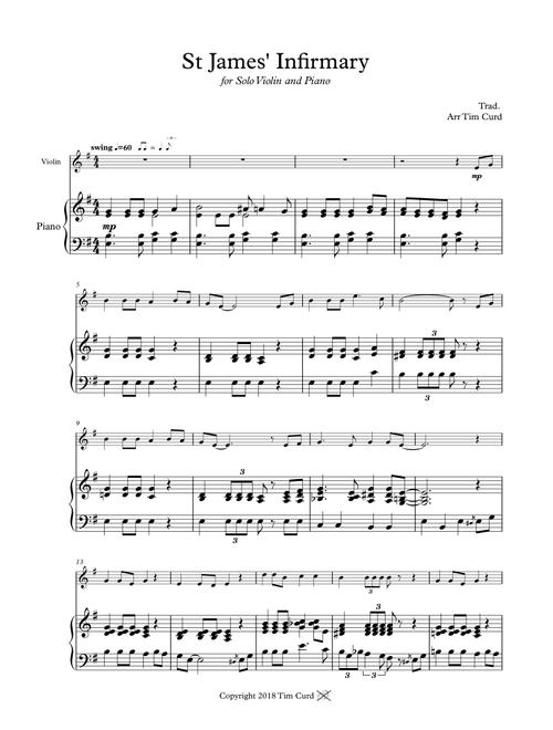 St James' Infirmary. for Solo Violin and Piano (Arr. Tim Curd.) - trad (Violin and Piano)