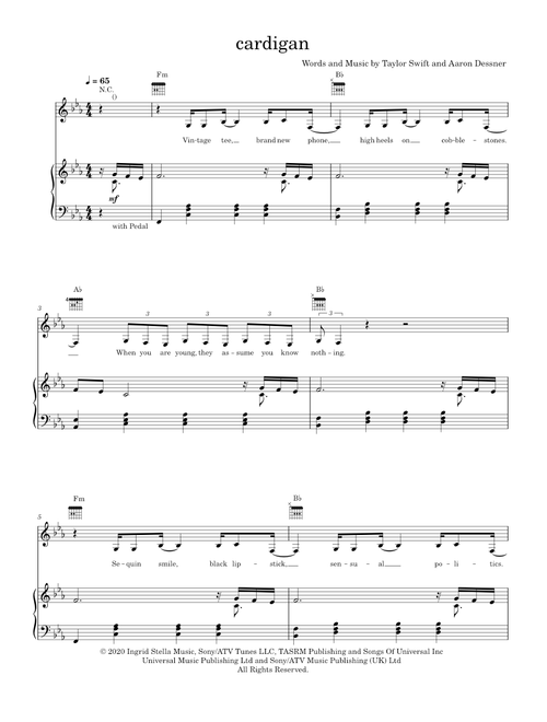 Cardigan - Taylor Swift (Piano-Voice)