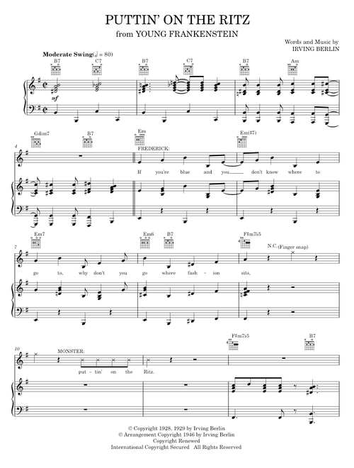 Puttin' On The Ritz - Irving Berlin, Mel Brooks, Young Frankenstein Musical (Piano-Vocal-Guitar)