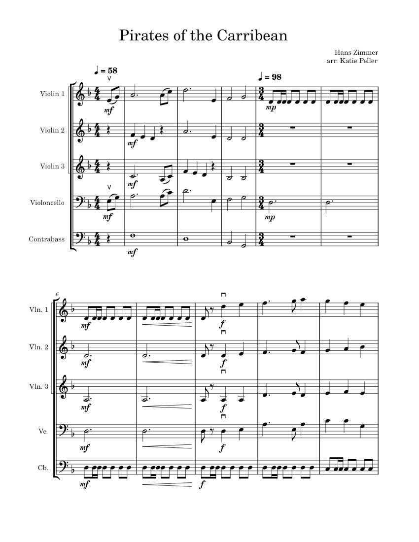 Pirates of the carribean suite Sheet music for Contrabass, Violin