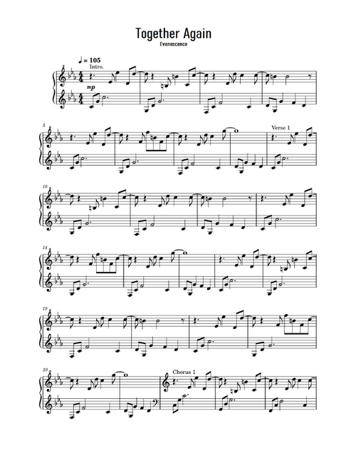 Together Again (Arr. Evanescence) - Curtis Piner (Easy Piano)