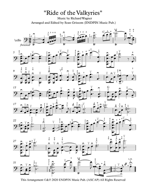 Ride of the Valkyries for solo cello (Arr. Sean Grissom (ENDPIN Music Pub.)) - Richard Wagner (Cello Solo)