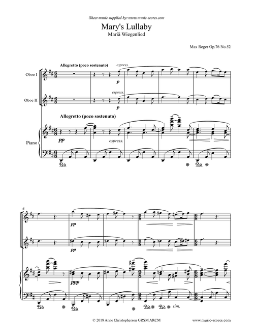 Mary's Lullaby, or Maria Wiegenlied - 2 Oboes and Piano (Arr. Anne Christopherson GRSM ARCM) - Reger, Max (Small Ensemble)
