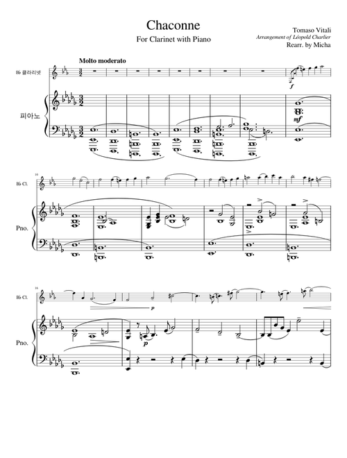 Chaconne by Tomaso Vitali For Clarinet With Piano