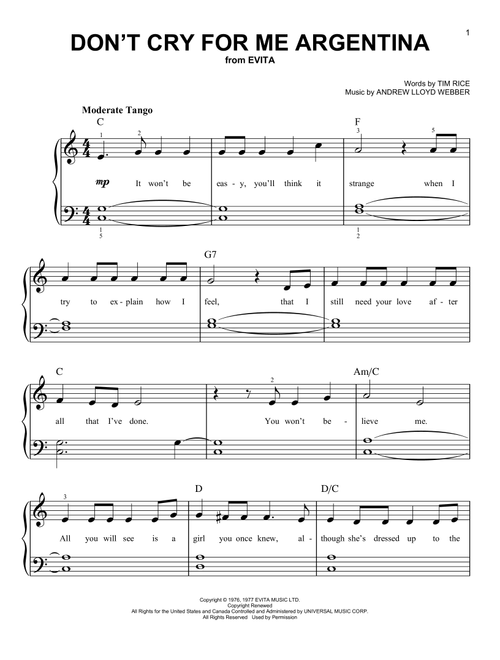 Don't Cry For Me Argentina - Andrew Lloyd Webber, Madonna, Festival (Very Easy Piano)