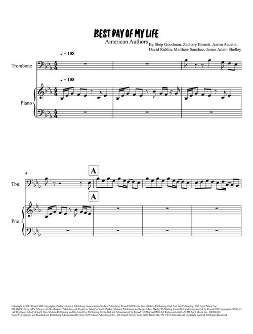 Best Day Of My Life (Arr. Grant Golding) - American Authors (Trombone and Piano)