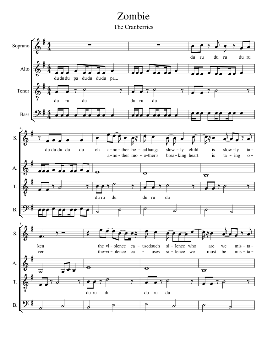 Zombie High Notes Zombie – The Cranberries Zombie Sheet Music for Soprano, Alto, Tenor ...