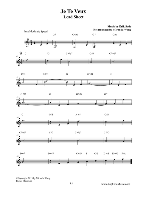 Je Te Veux - Wedding Music (Lead Sheet) (Arr. Miranda Wong) - Erik Satie (Instrumental Duet and Piano)