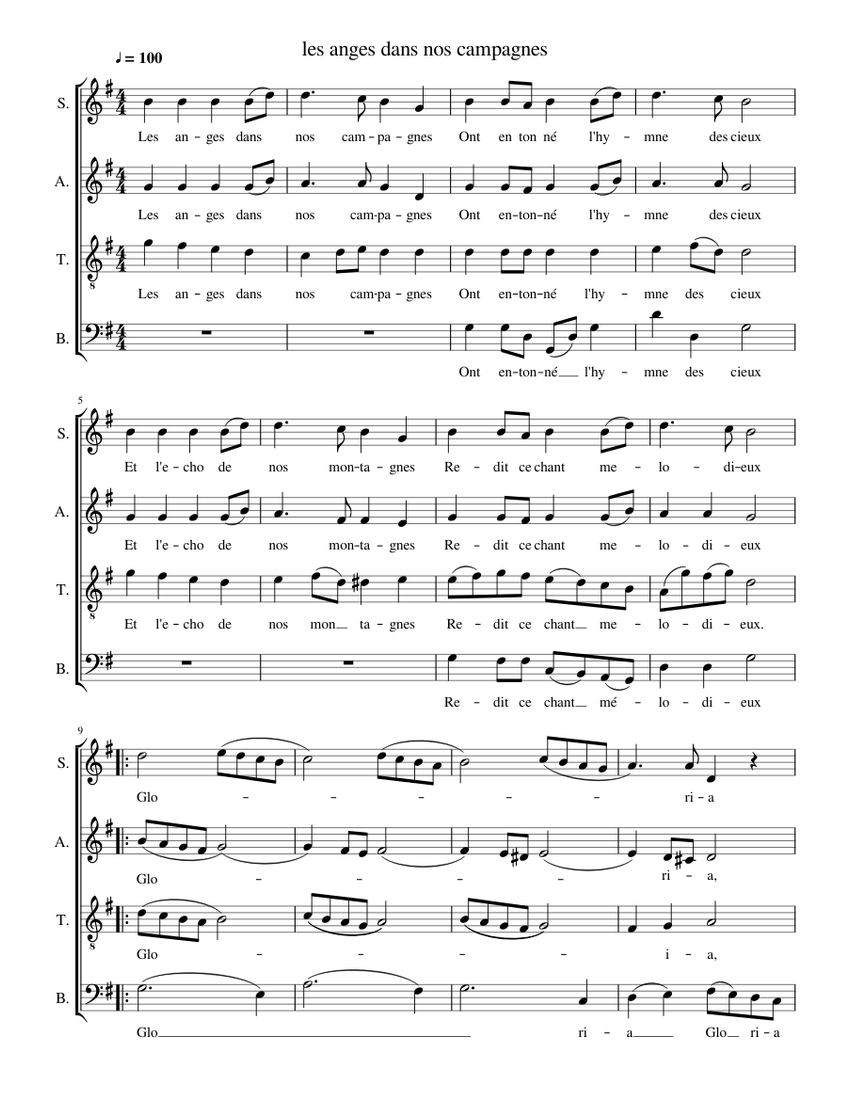 les anges dans nos campagnes Sheet music for Soprano, Alto, Tenor, Bass