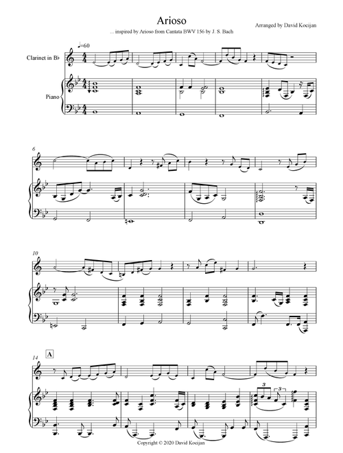 Arioso (clarinet & piano) - EASY (Arr. David Kocijan) (Clarinet and Piano)
