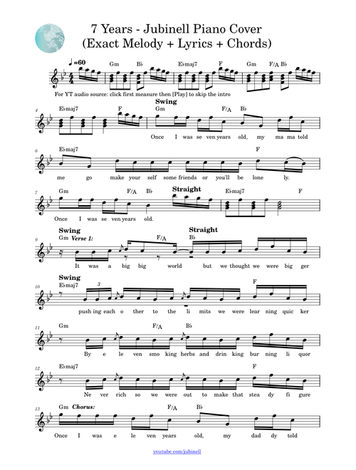 7 years – Lukas Graham - Exact Melody + Lyrics + Chords