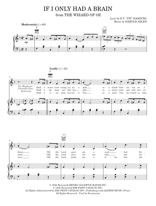 If I Only Had A Brain - Judy Garland, Ray Bolger, The Wizard Of Oz Movie (Piano-Vocal-Guitar)