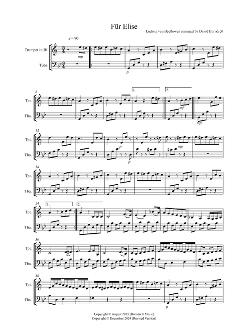 Fur Elise for Trumpet and Tuba Duet (Arr. David Burndrett) - Ludwig Van Beethoven (Instrumental Duet and Piano)