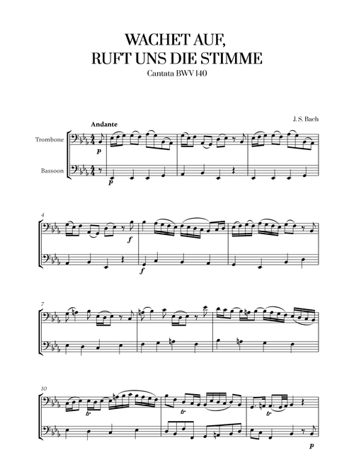 Johann Sebastian Bach - Wachet auf, ruft uns die Stimme (for Trombone and Bassoon) (Arr. Cadenza Editions) (Instrumental Duet)