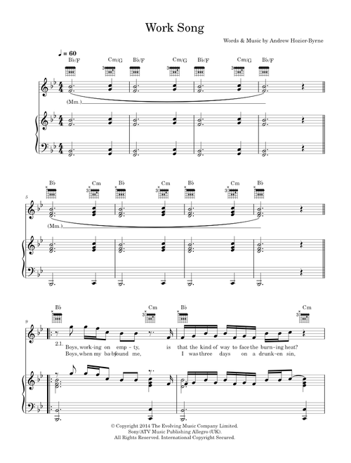 Work Song - Hozier (Piano-Vocal-Guitar (Piano Accompaniment))