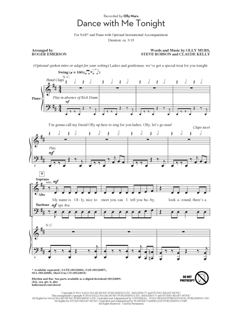 Dance With Me Tonight (Arr. Roger Emerson) - Steve Robson, Olly Murs, Claude Kelly (Choral, SAB)