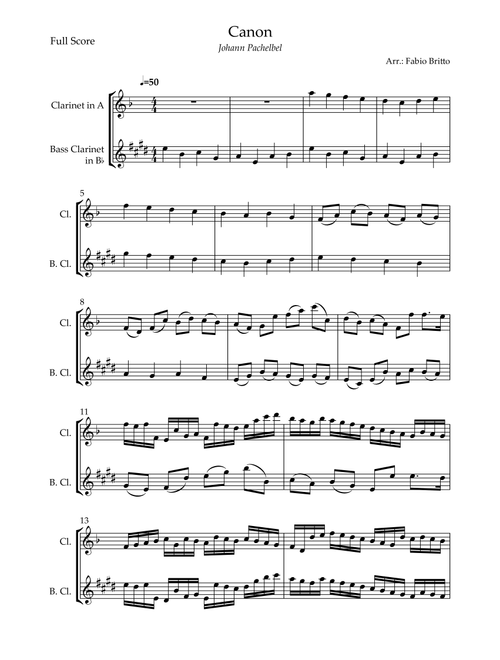 Canon - Johann Pachelbel (Wedding/Reduced Version) for Clarinet in A & Bass Clarinet in Bb Duo (Arr. Fabio Britto) (Clarinet Duet)